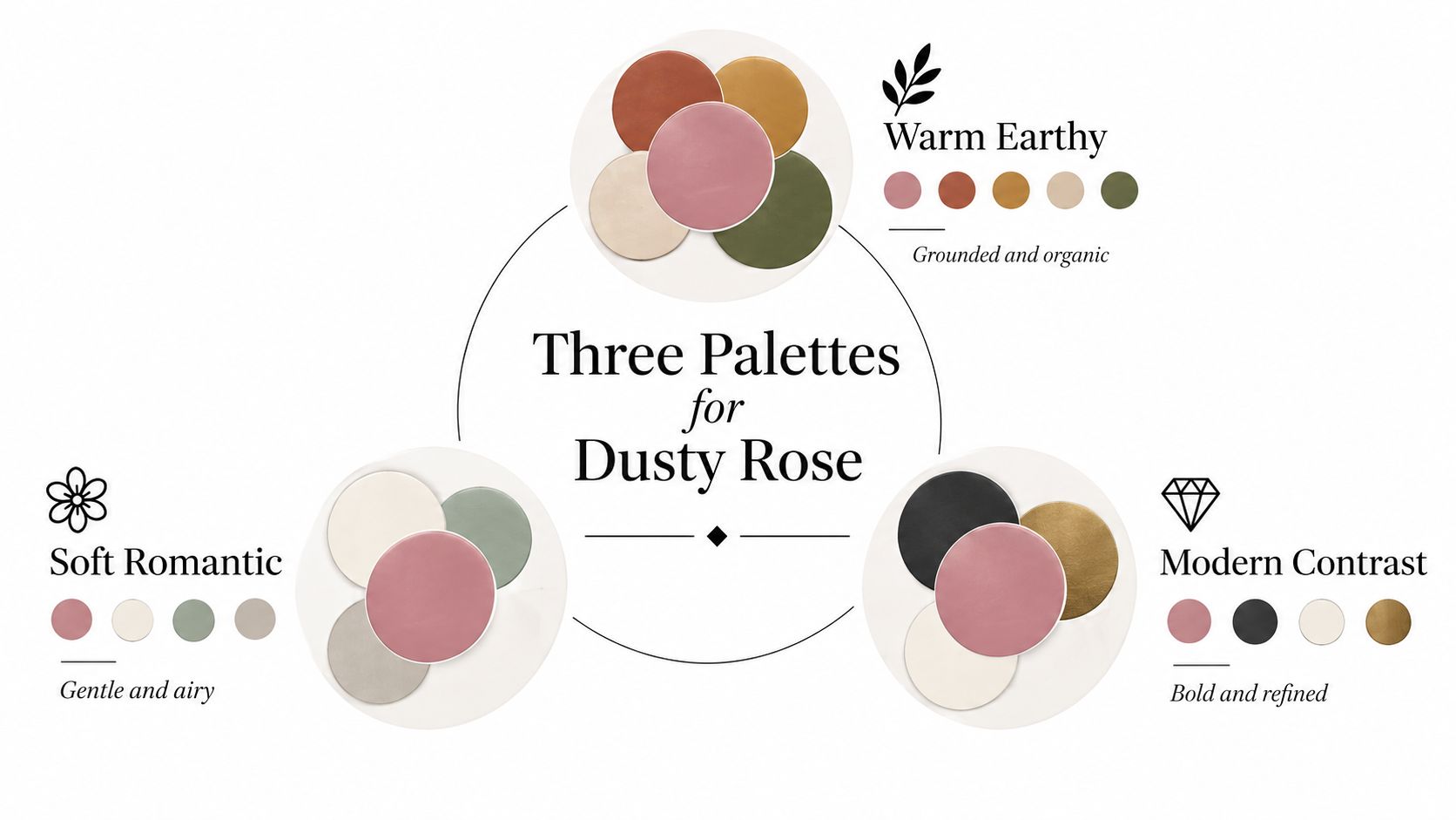 A graphic design concept featuring three distinct color palettes showcasing various complementary shades for dusty rose color.
