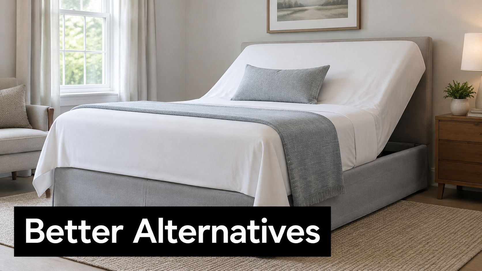 A modern adjustable bed with white bedding and a gray throw blanket in a cozy bedroom.
