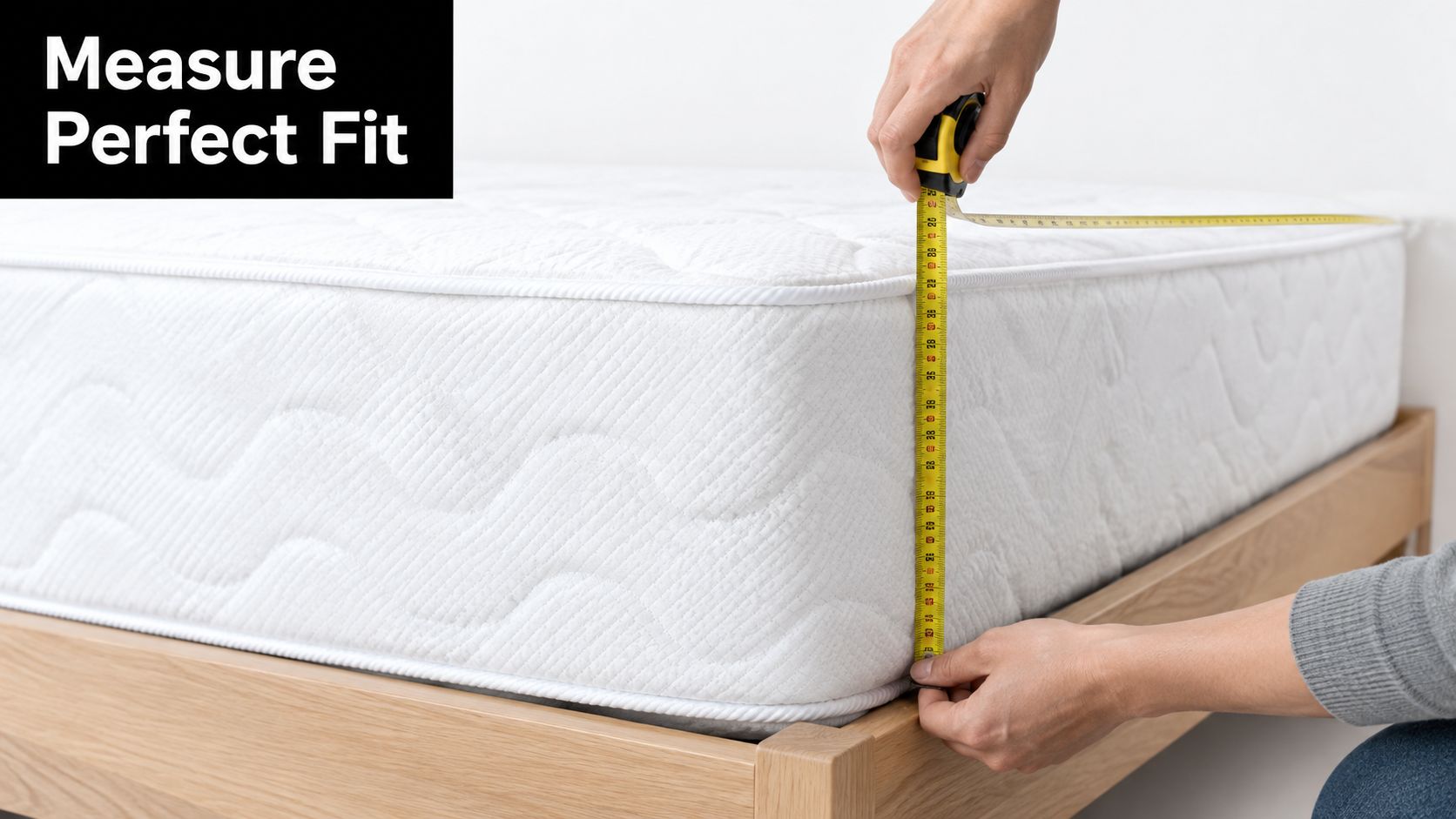 A person measuring the height of a white mattress on a wooden bed frame with a tape measure.