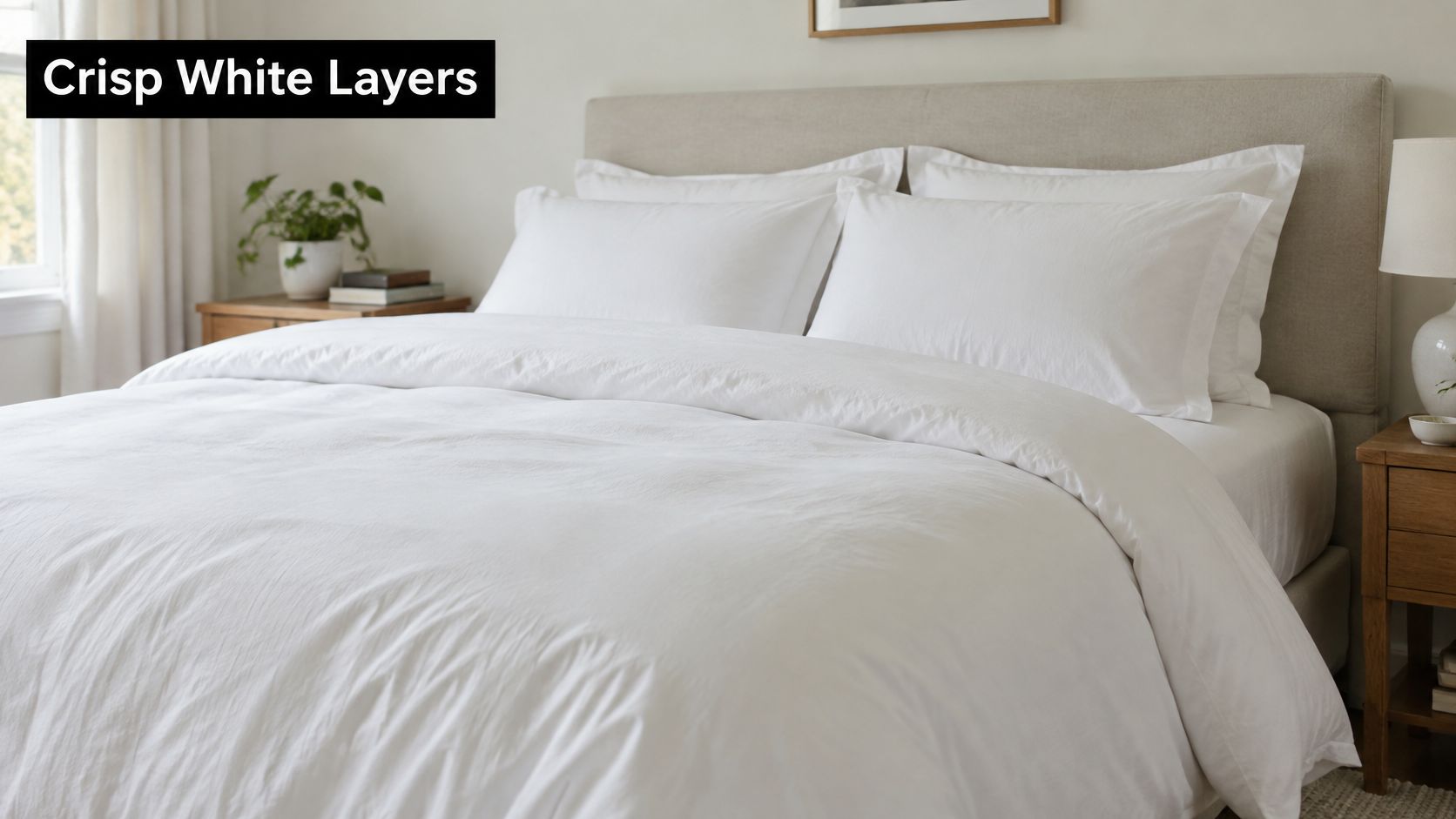 A cozy bedroom featuring a neatly made bed with crisp white linens and neutral bedding layers.