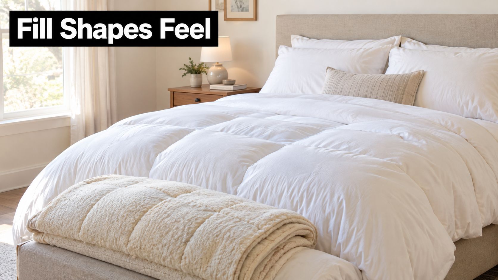 A cozy bedroom with a white plush duvet insert on a bed topped with a textured blanket.
