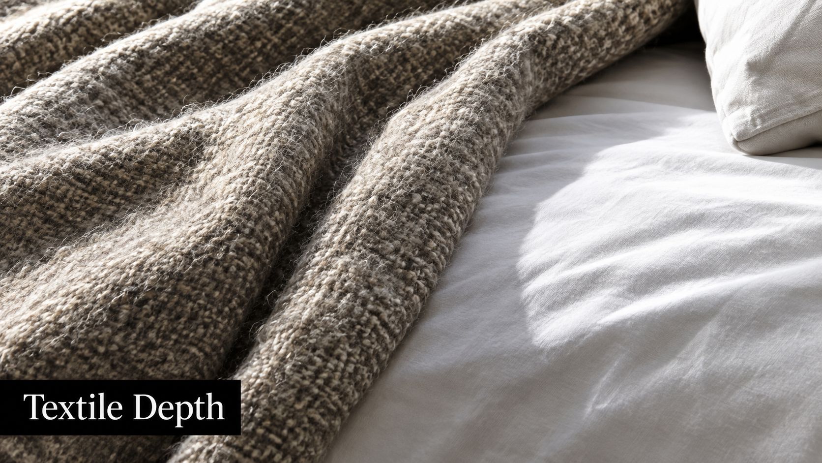 A close-up view of a textured brown wool blanket draped over a crisp white bedsheet.