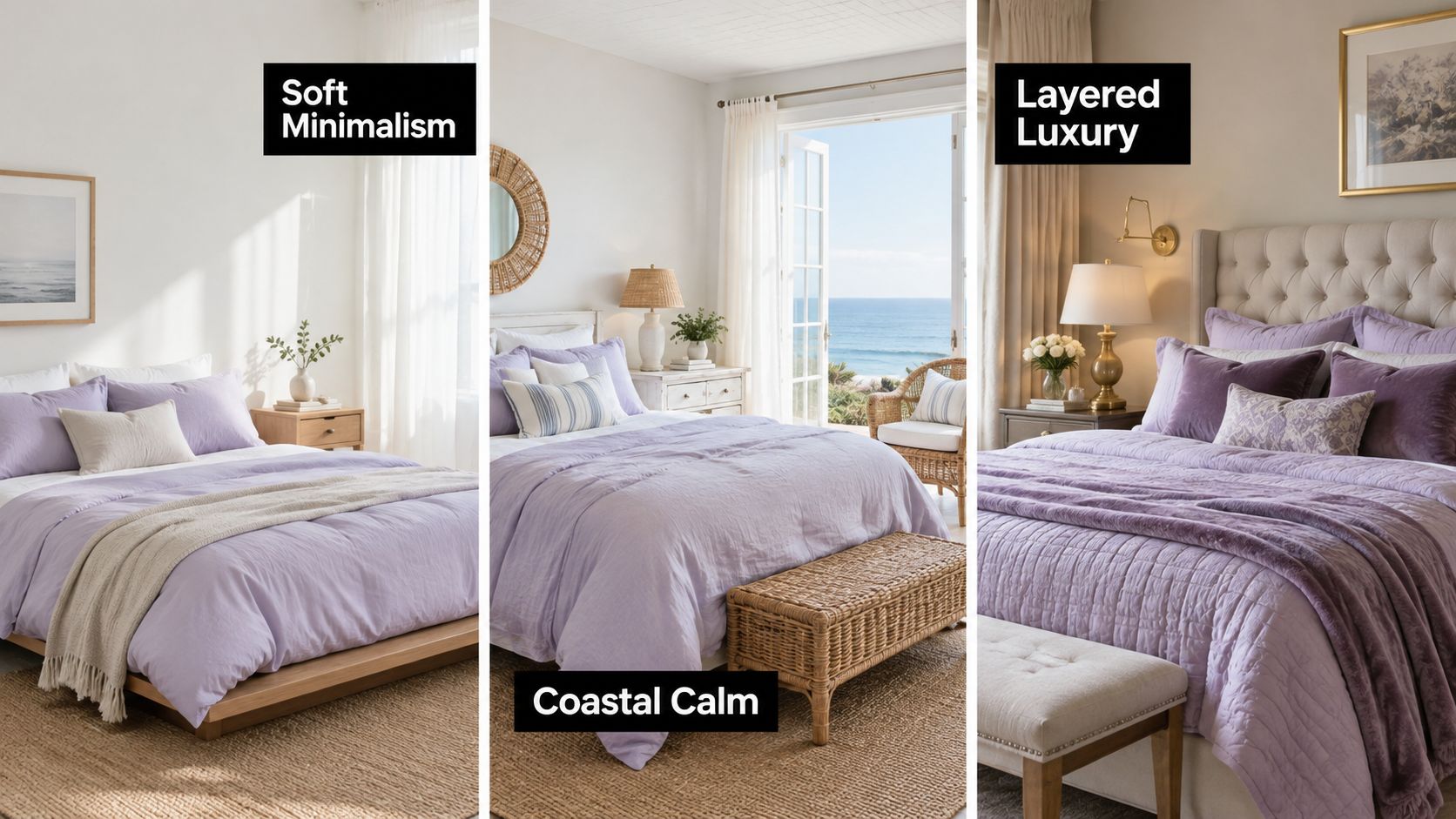 A collage showing three different bedroom decor styles featuring lilac bedding sets in soft minimalist, coastal, and luxury designs.
