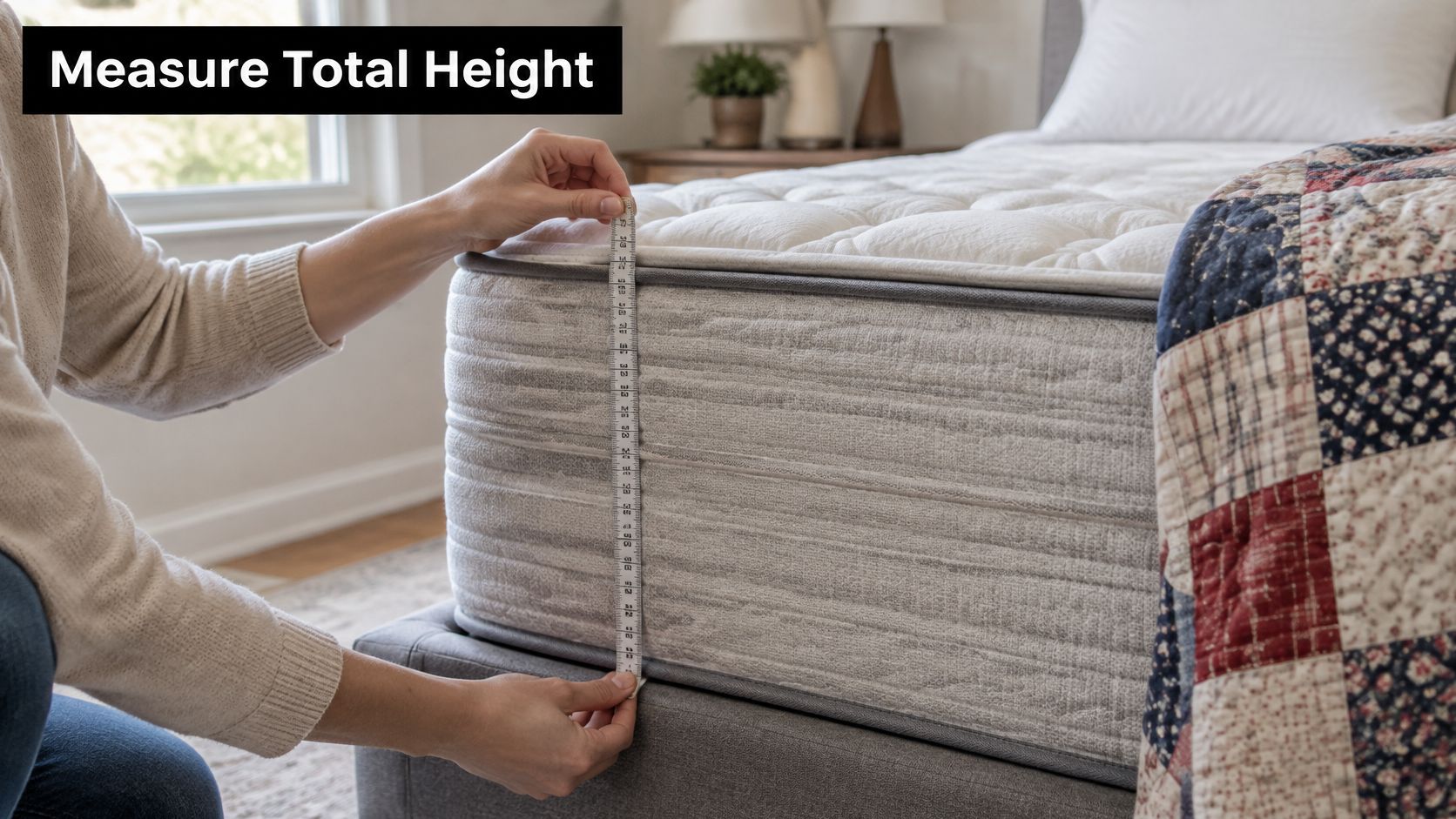 A person using a measuring tape to determine the total height of a plush white mattress
