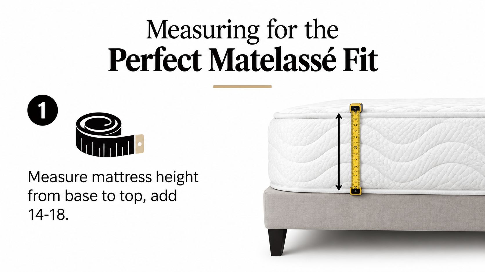 An instructional graphic illustrating how to measure a mattress height for a matelassé bedspread fit.