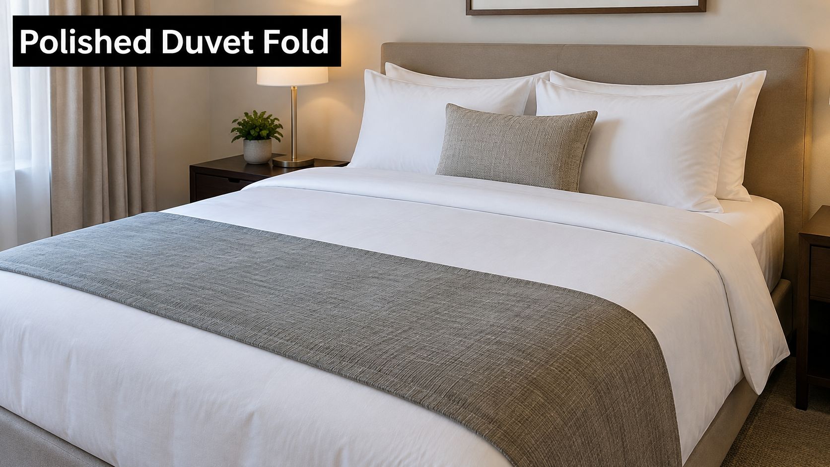 A neatly made bed with a polished duvet fold, crisp white linens, and an elegant grey runner.