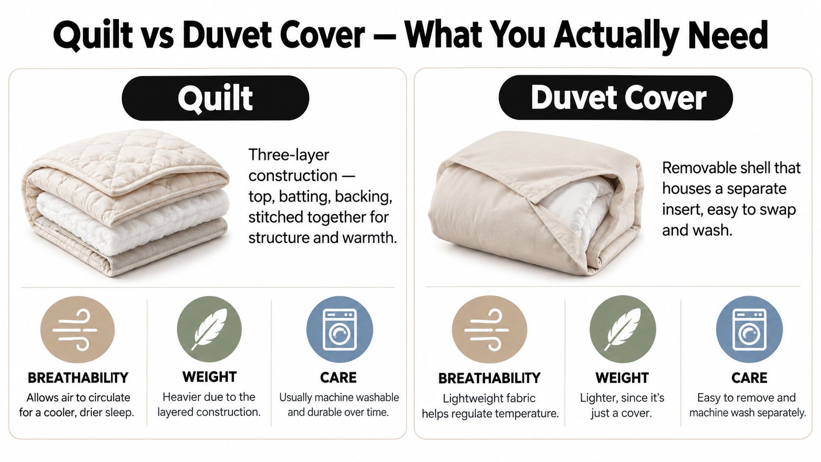 A comparison chart explaining the differences between a quilt and a duvet cover regarding construction, weight, and care.