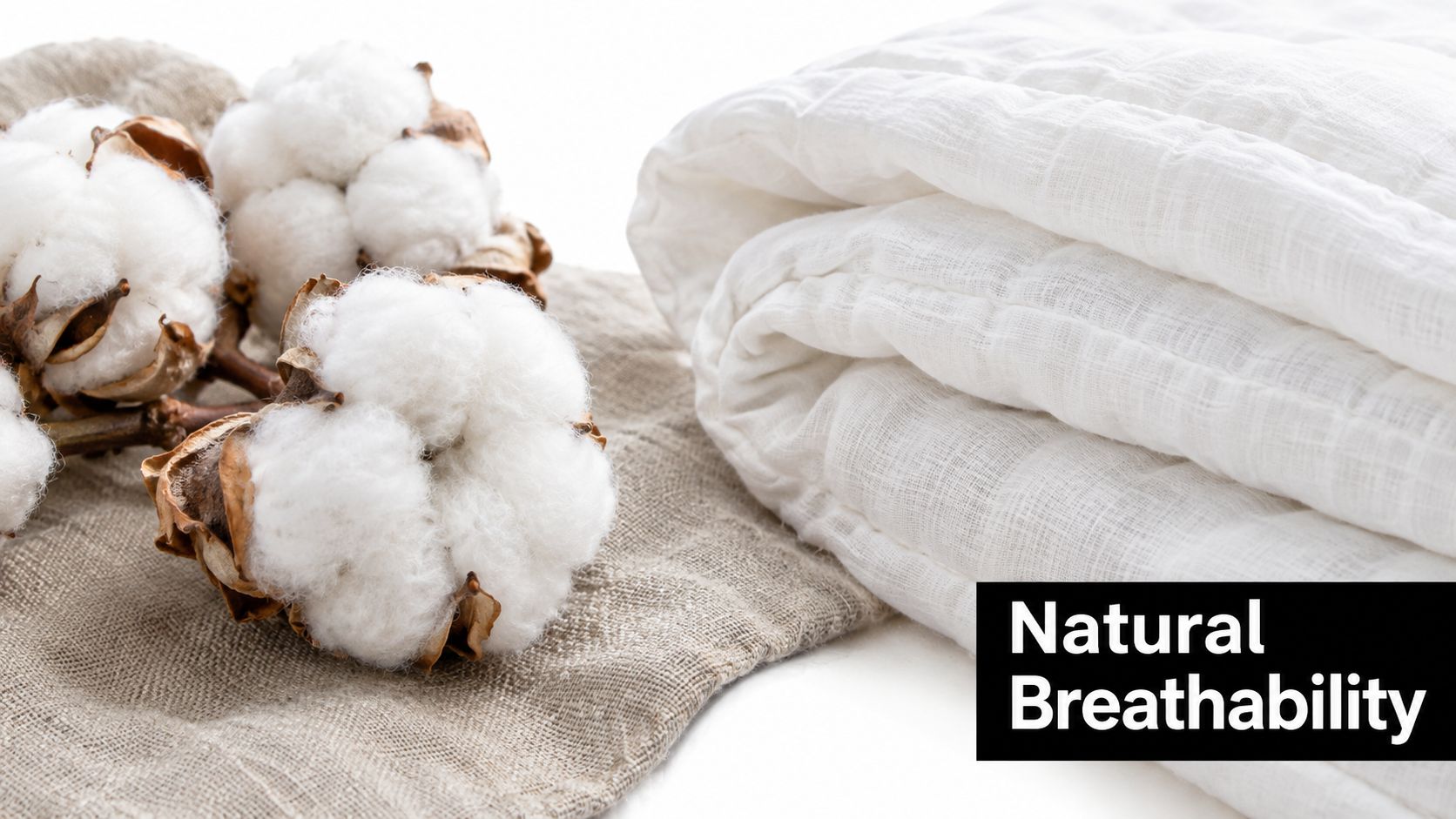 Soft white cotton quilt folded next to natural raw cotton bolls on a linen surface.