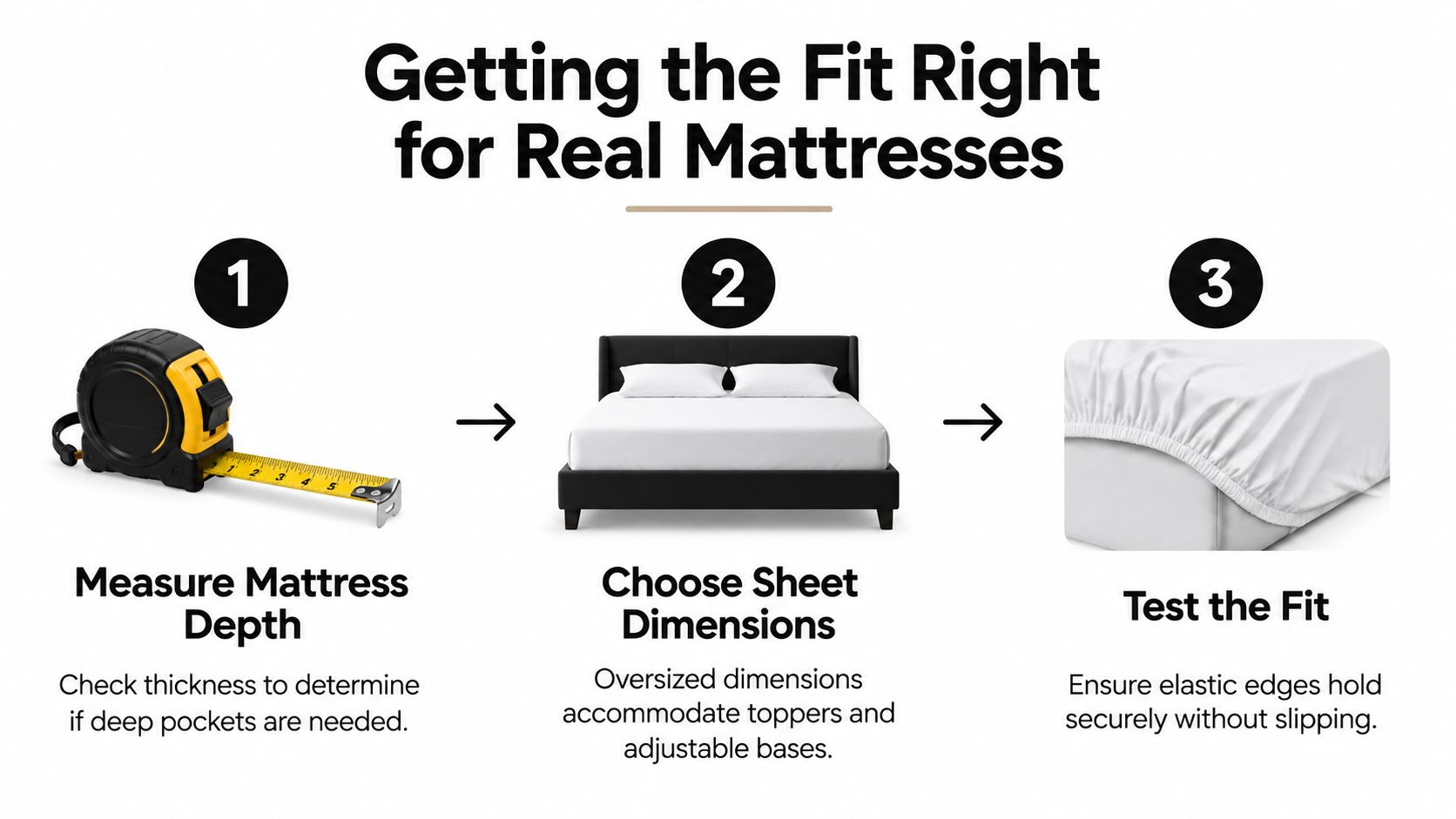 An infographic showing three steps to measure a mattress and fit bedding for a comfortable sleep.