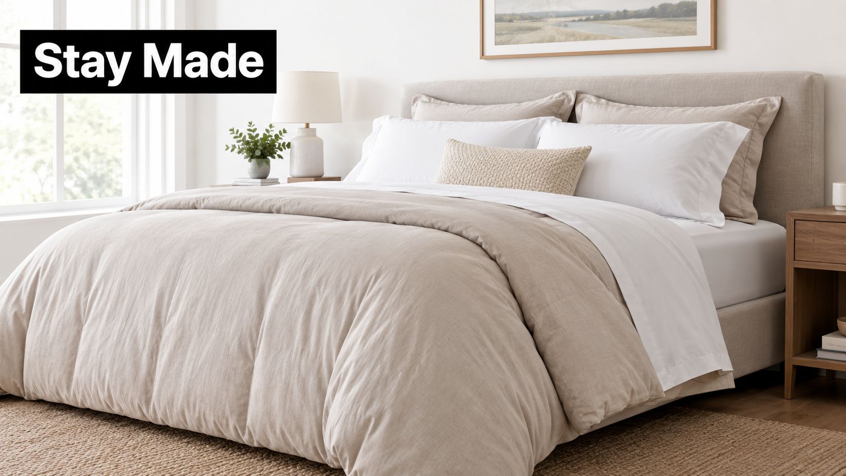 A neutral beige oversized california king bedding set on a modern bed with soft white pillows.