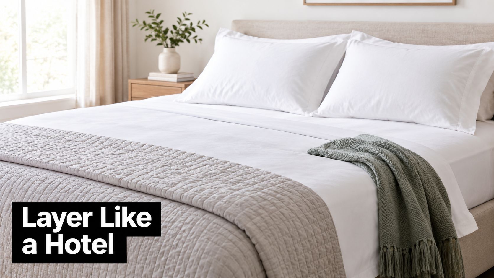 A neatly made hotel-style bed featuring white linens, a quilted coverlet, and a cozy green throw blanket.
