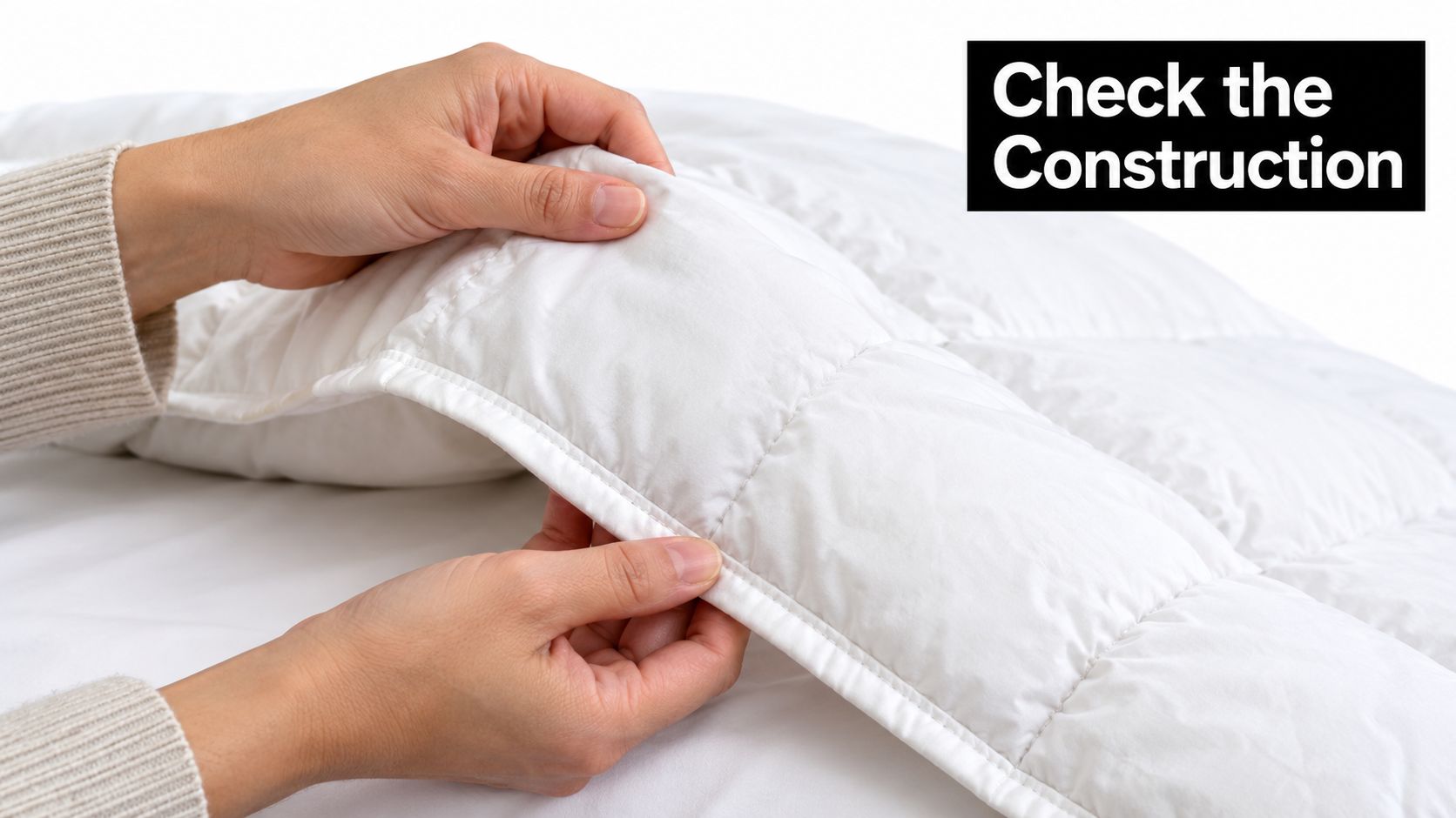 A close up view of hands inspecting the quality construction and stitching of a white cotton comforter.