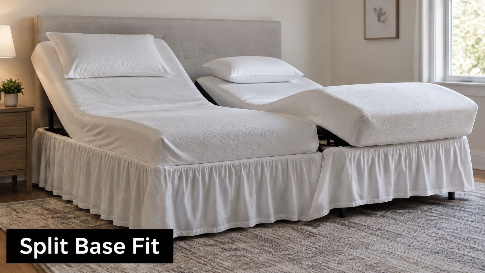 A split adjustable bed featuring white ruffled dust ruffles covering the base of the two mattresses.