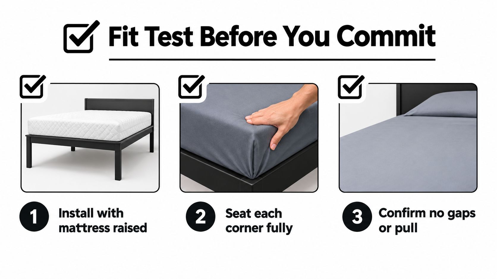 A three-step instruction guide showing how to properly fit deep pocket bed sheets onto a mattress.