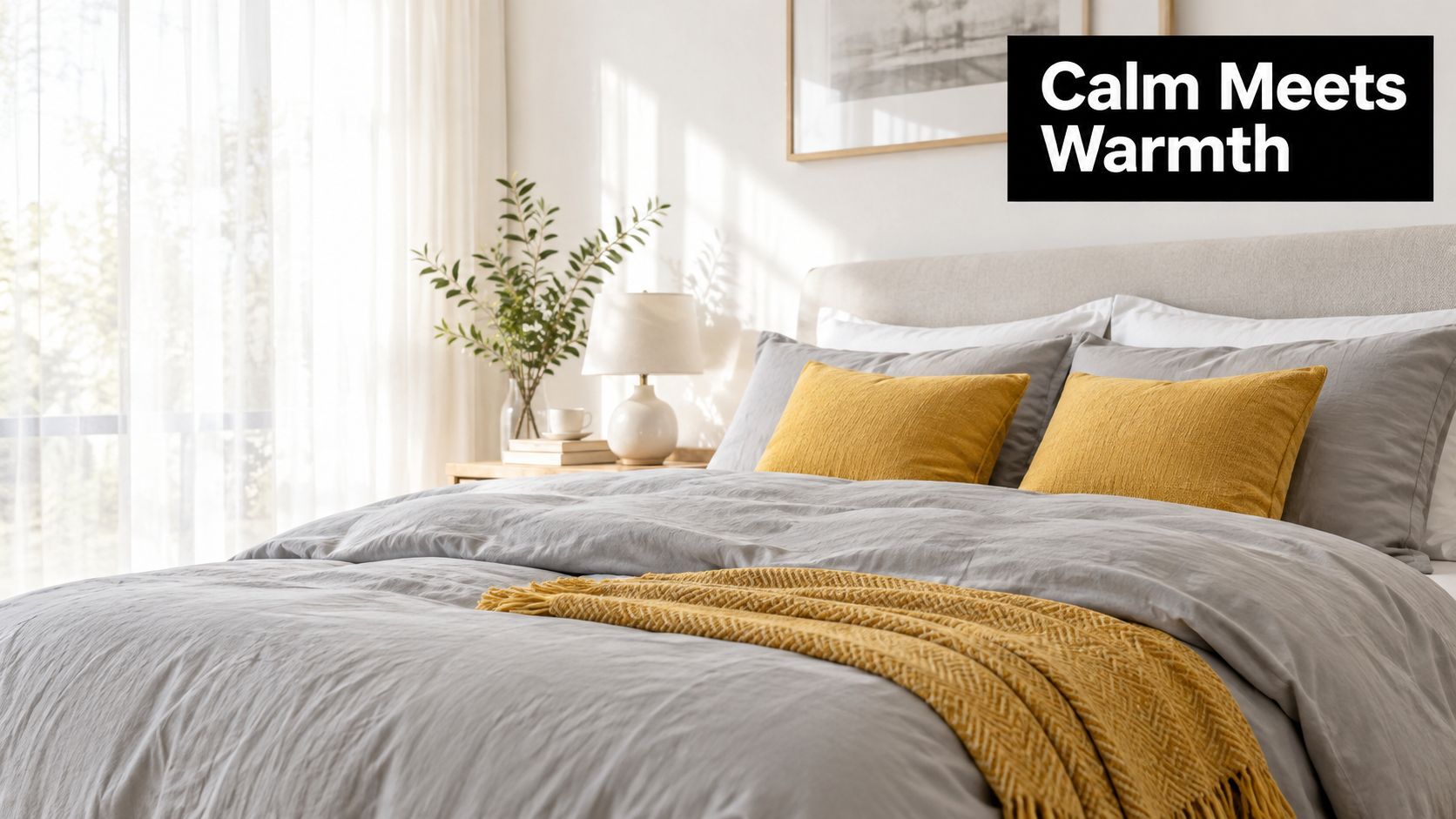 A cozy bedroom with a grey duvet set accented by mustard yellow throw pillows and a knitted blanket.