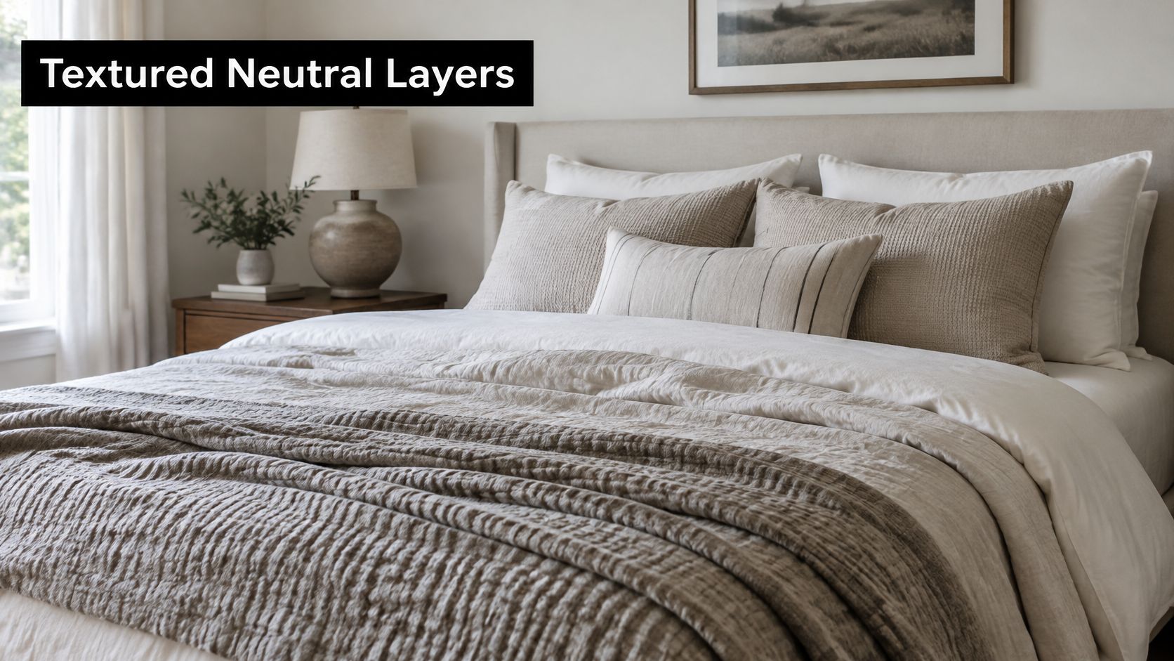 A luxurious bedroom featuring textured neutral layers of bedding with beige pillows and a cozy quilt.