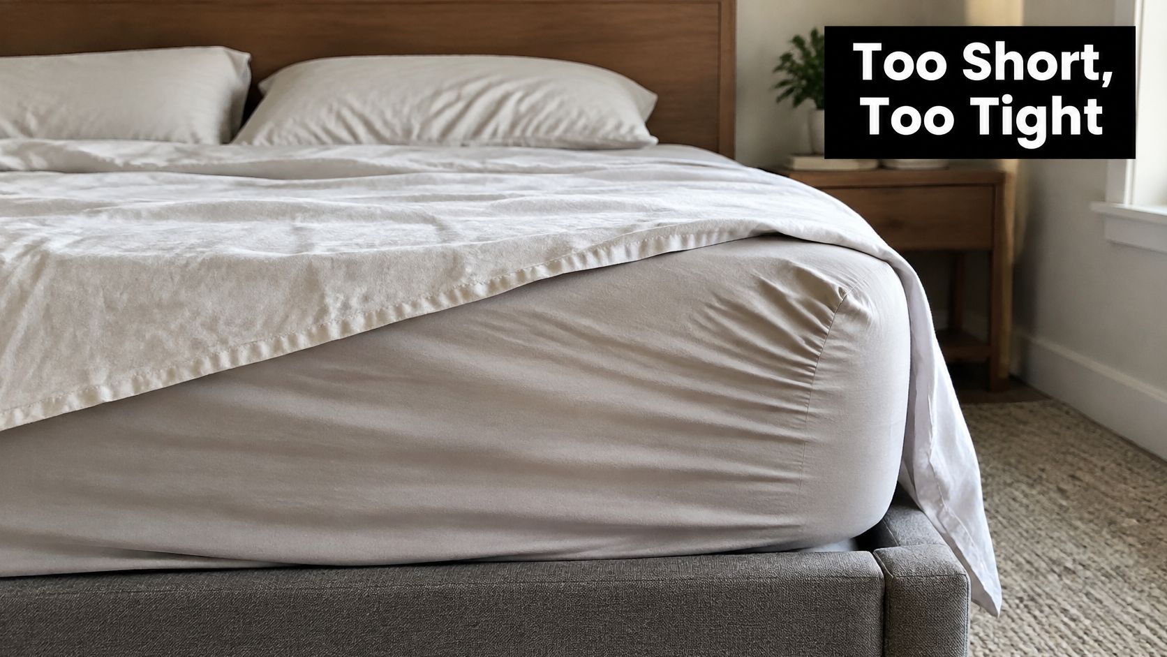 A close-up view of a bed with a fitted sheet that is visibly too small and tight.
