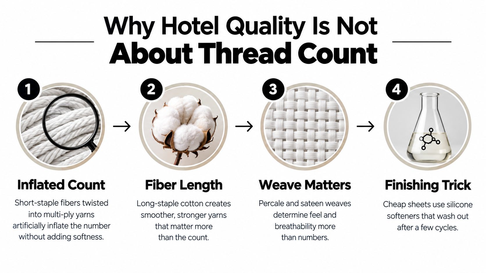 An infographic explaining four key factors that determine bed sheet quality rather than just thread count numbers.