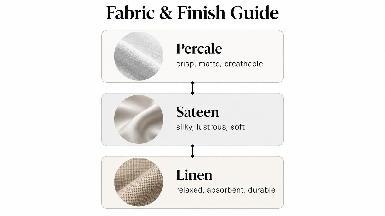 A fabric and finish guide comparing percale, sateen, and linen bedding materials with their key characteristics.