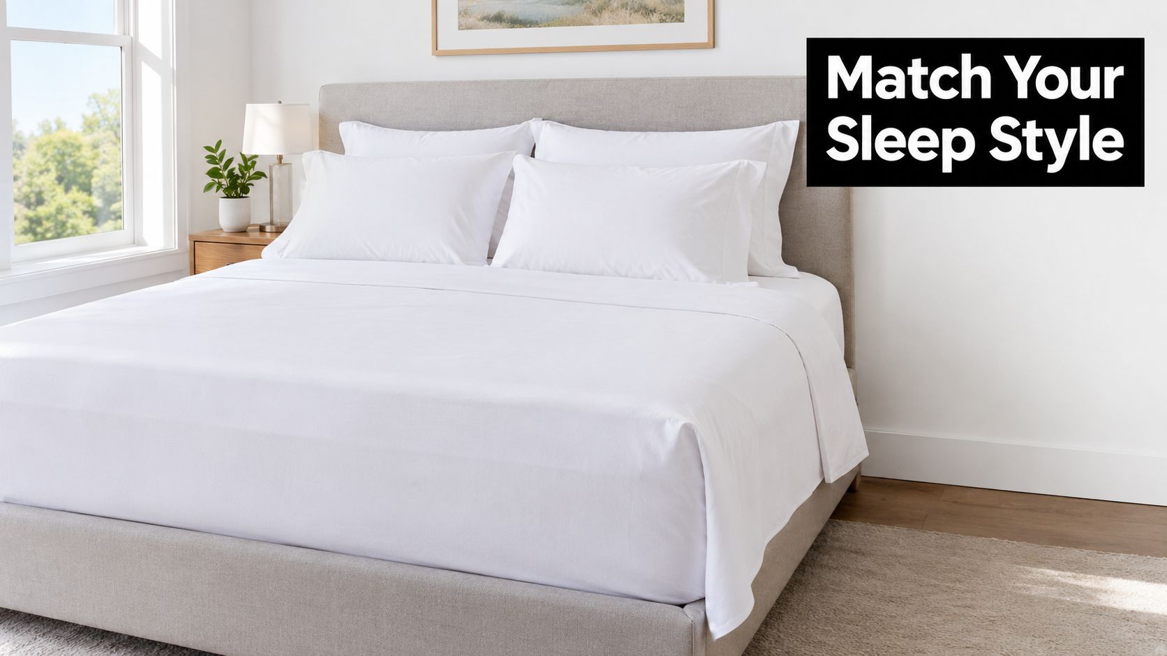 A neatly made bed with white sheets and pillows in a bright, modern minimalist bedroom setting.