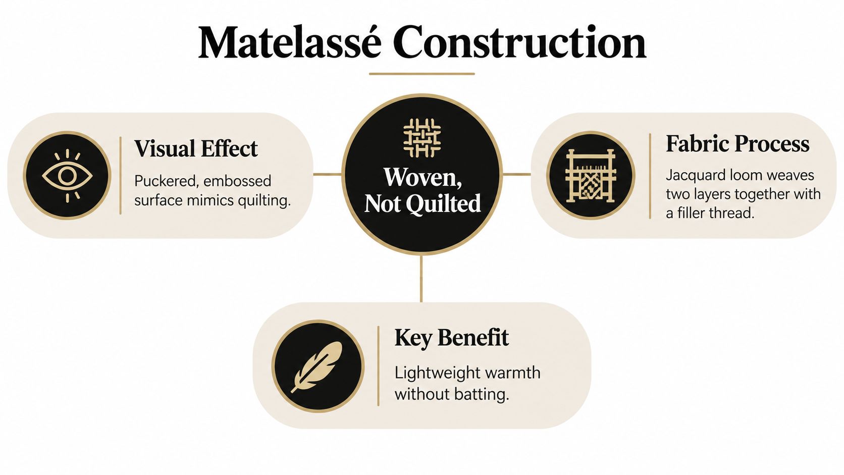 A diagram explaining matelassé fabric construction, highlighting its woven technique, puckered visual effect, and lightweight benefit.