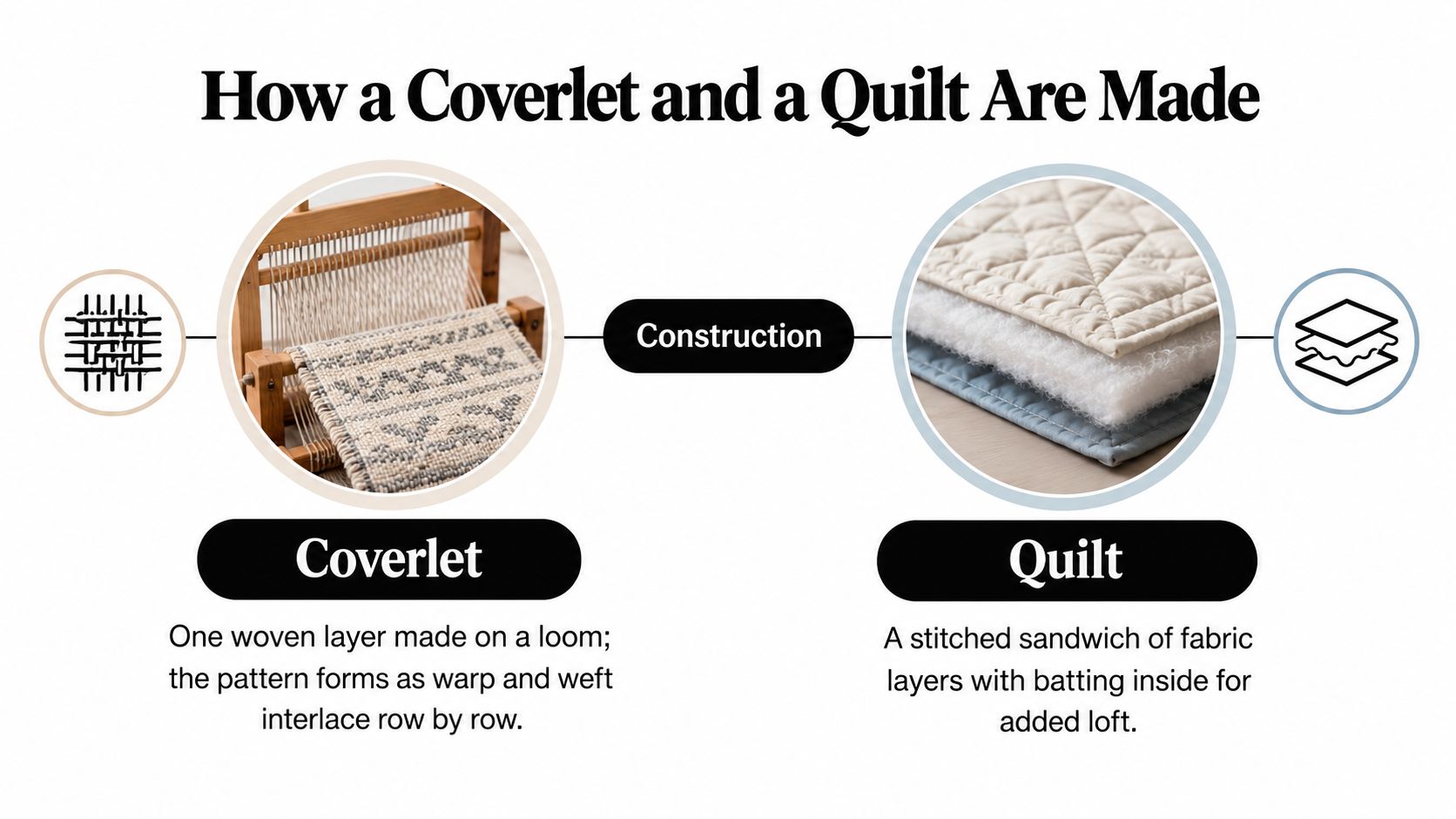 An infographic comparing the construction of a woven coverlet on a loom versus a layered stitched quilt.