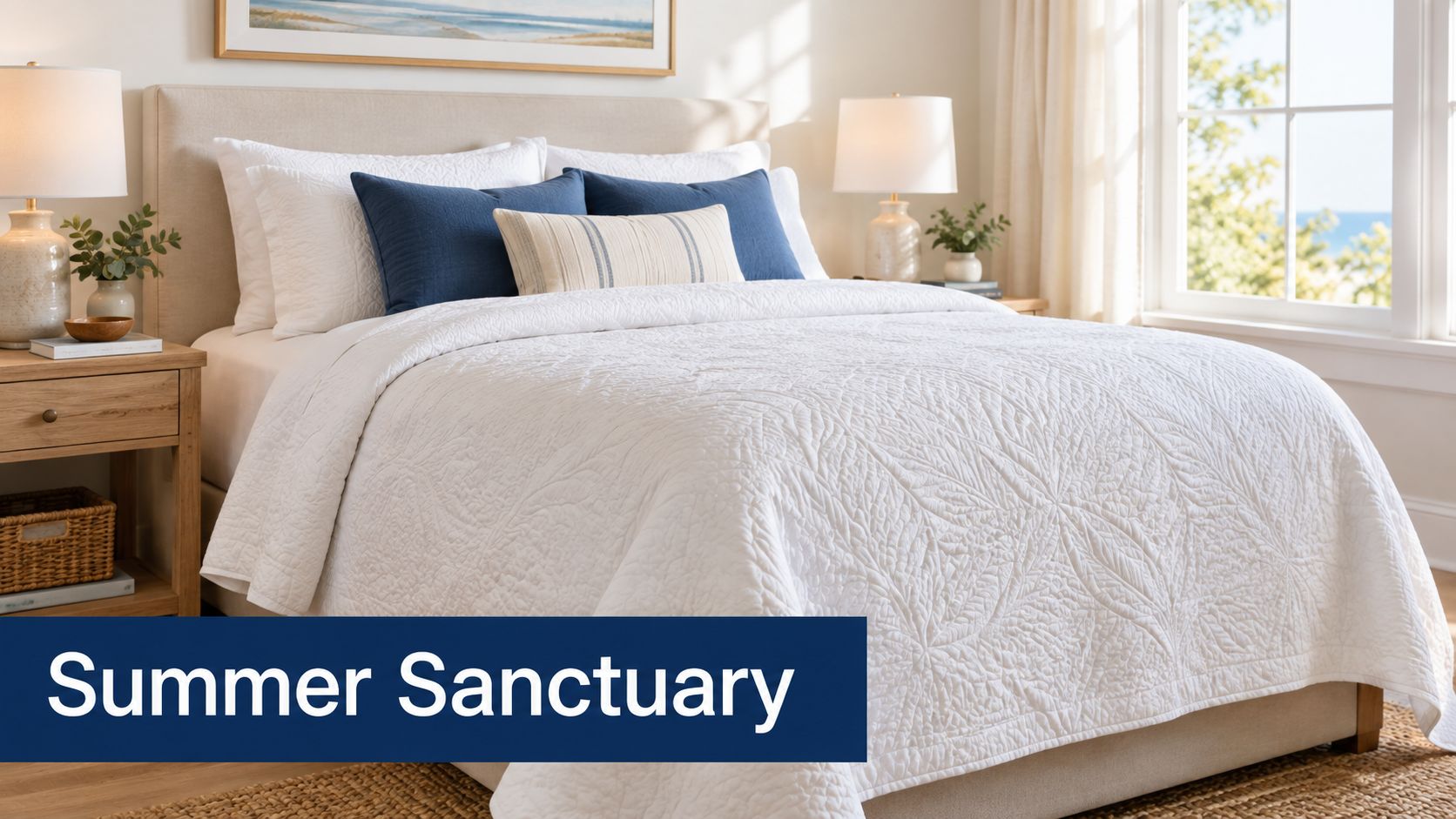 A bright bedroom featuring a crisp white matelasse bedspread on a bed with navy and striped accent pillows.
