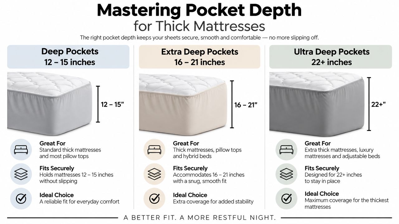 A guide explaining different pocket depth sizes for fitted sheets to accommodate mattresses of varying thicknesses.