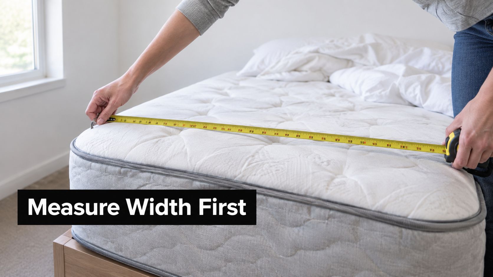 A person using a yellow tape measure to check the width of a mattress on a frame.
