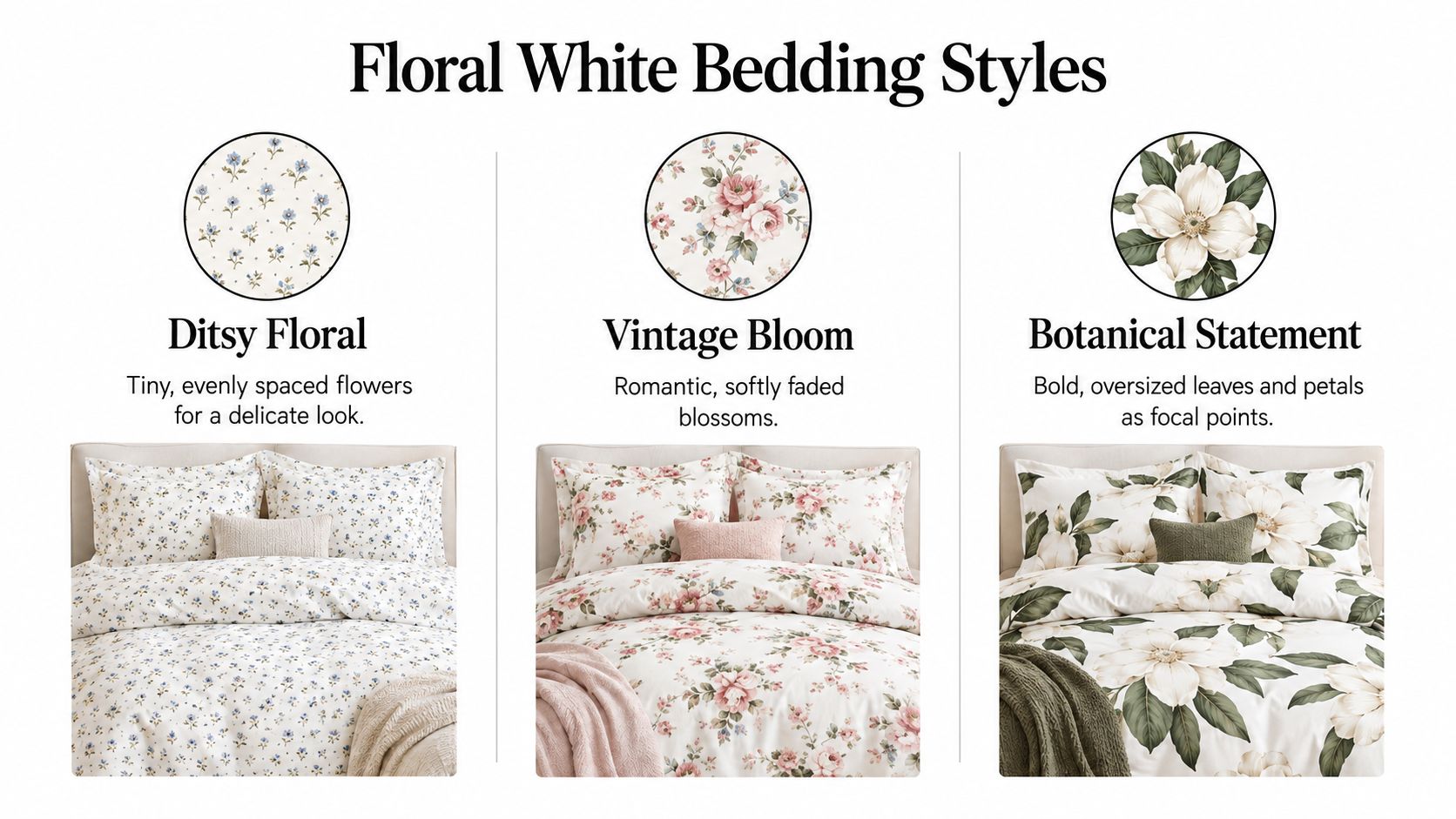 Three examples of floral white bedding styles displayed as Ditsy Floral, Vintage Bloom, and Botanical Statement patterns.