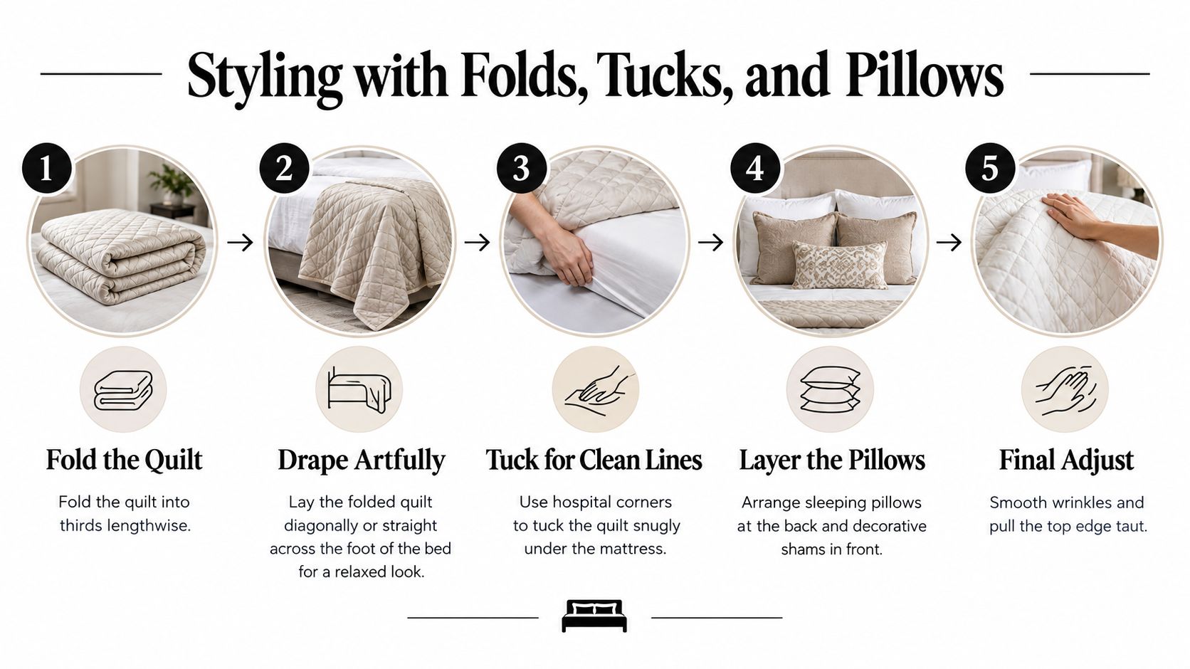 A step-by-step instructional graphic demonstrating how to style a bed with a folded quilt and pillows.