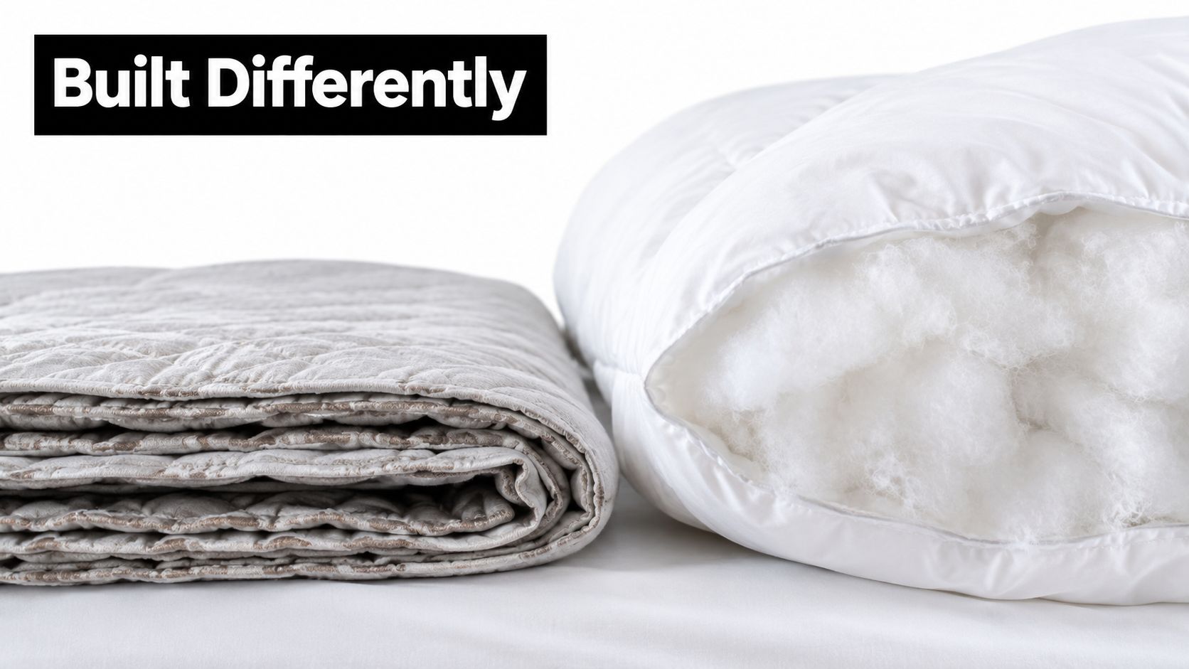 A side-by-side comparison of a quilted grey blanket and a fluffy white comforter, highlighting different constructions.