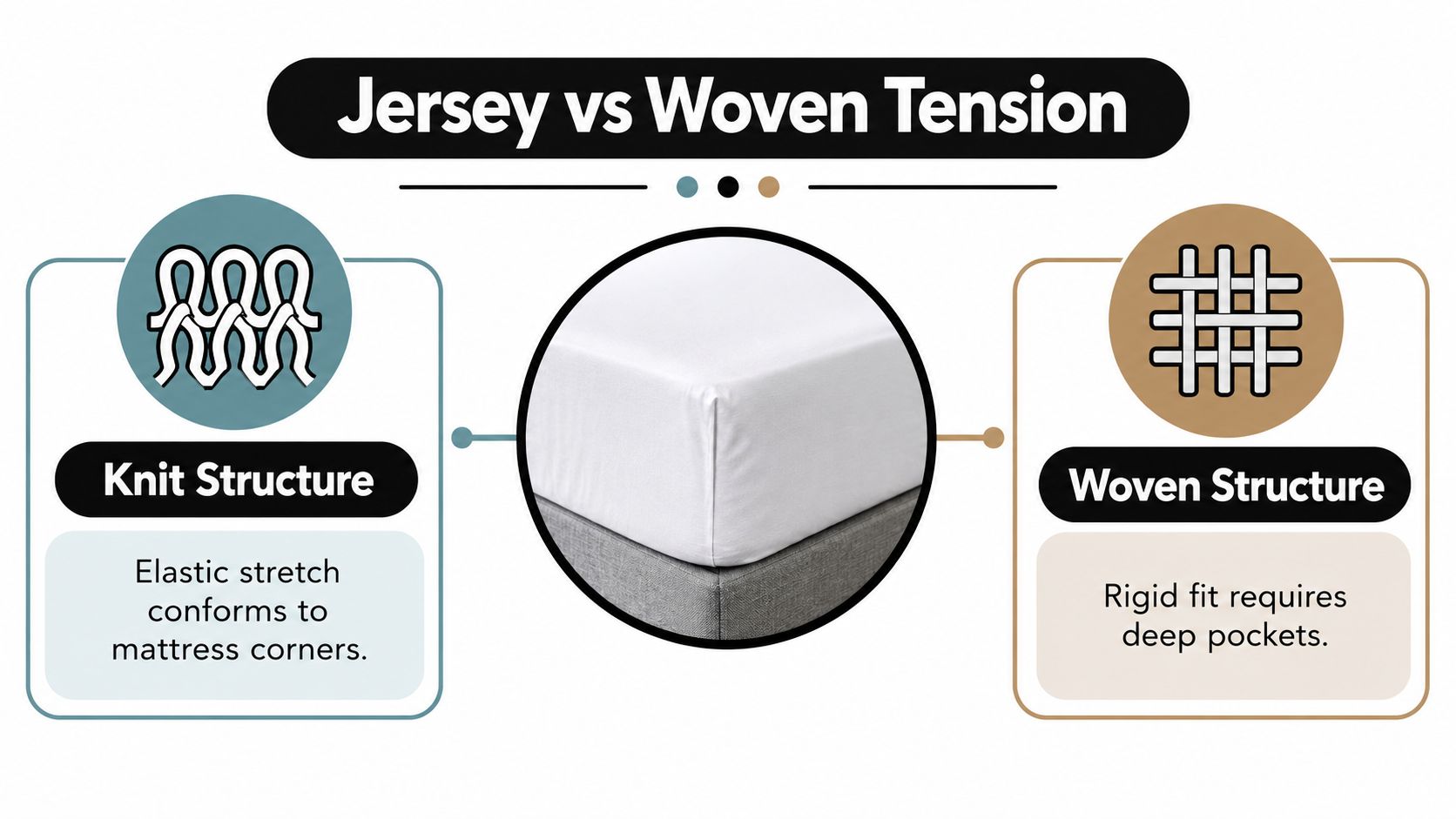 A comparison graphic showing jersey knit fabric's elastic fit versus the rigid structure of woven fabric sheets.
