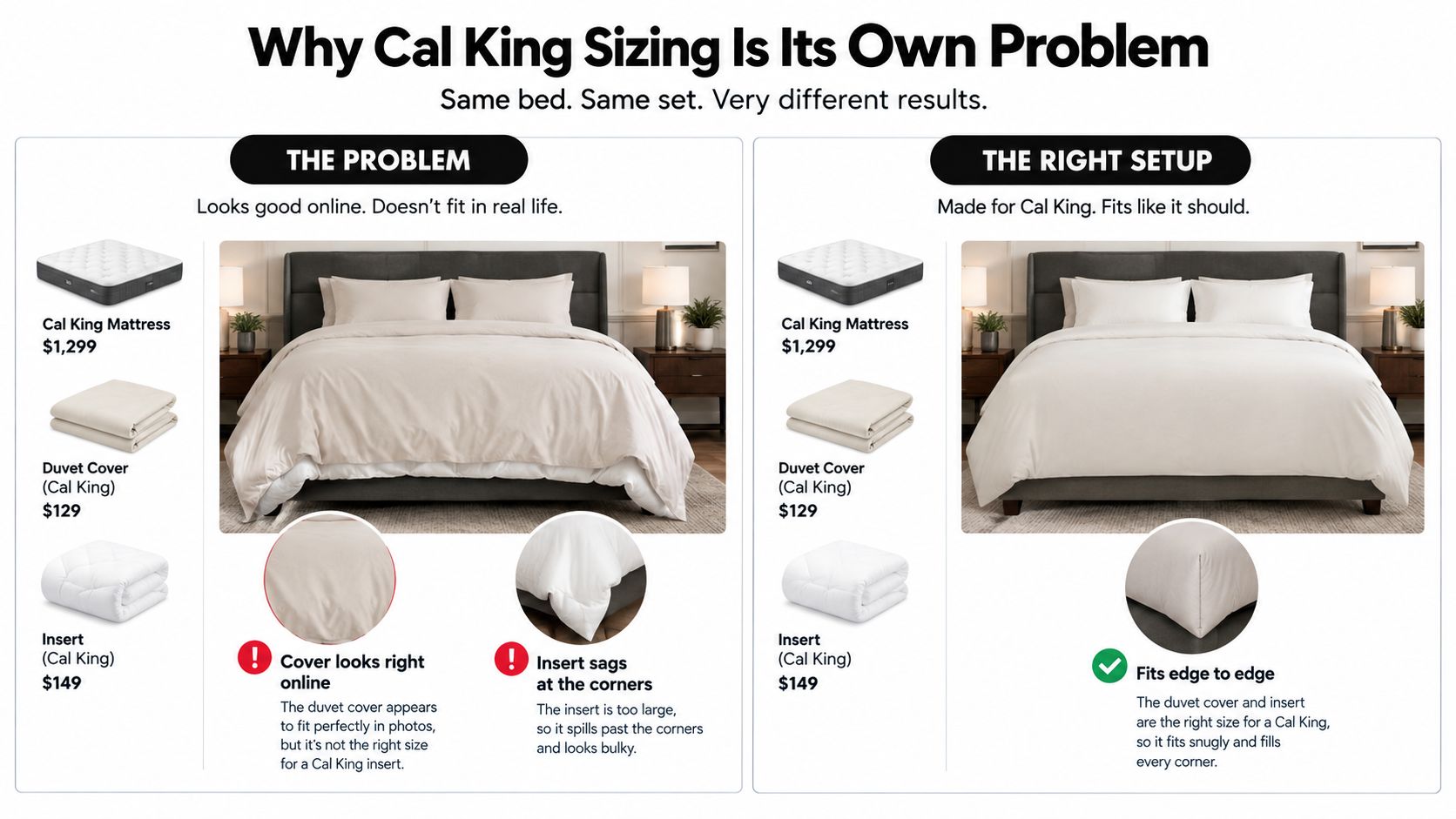 A comparison infographic showing how to correctly pair a Cal King duvet cover with the right insert.