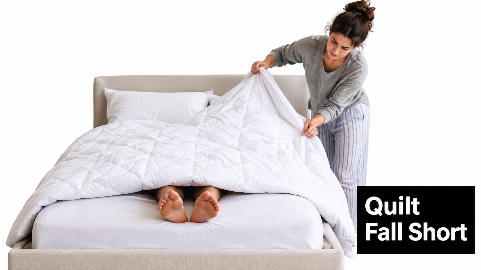 A woman looks frustrated as she tries to pull a quilt that is too short for the bed.