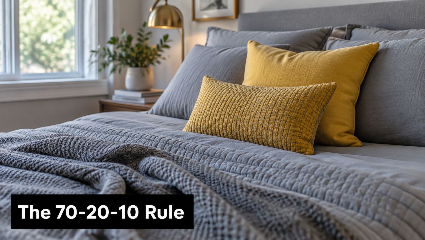 A modern, stylish bedroom featuring a grey bed with yellow accent pillows and a warm lamp.