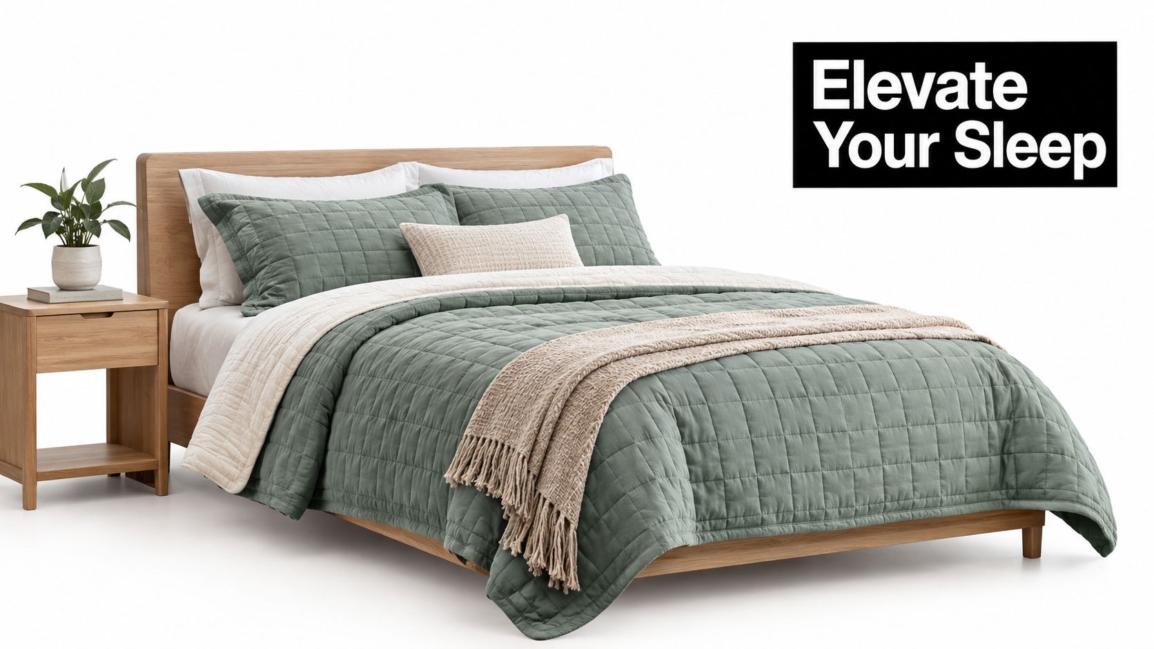 A modern wooden bed frame featuring green quilted bedding, a textured throw blanket, and a matching nightstand.