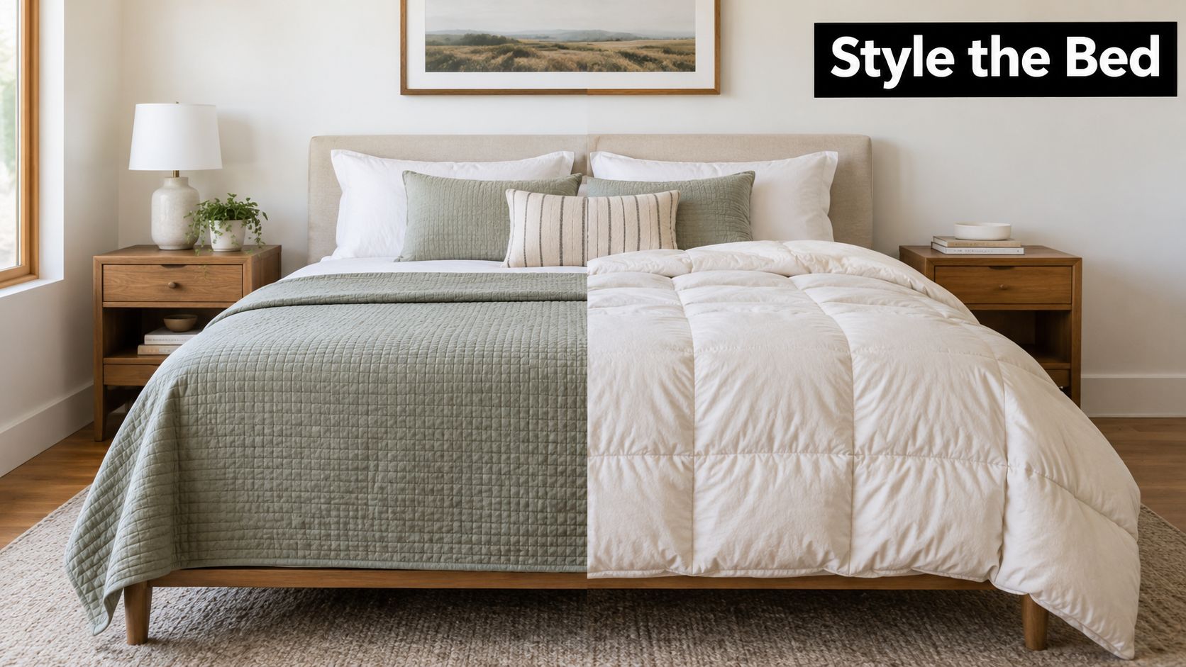A split image showing a bed styled with a sage green quilt versus a fluffy white duvet.