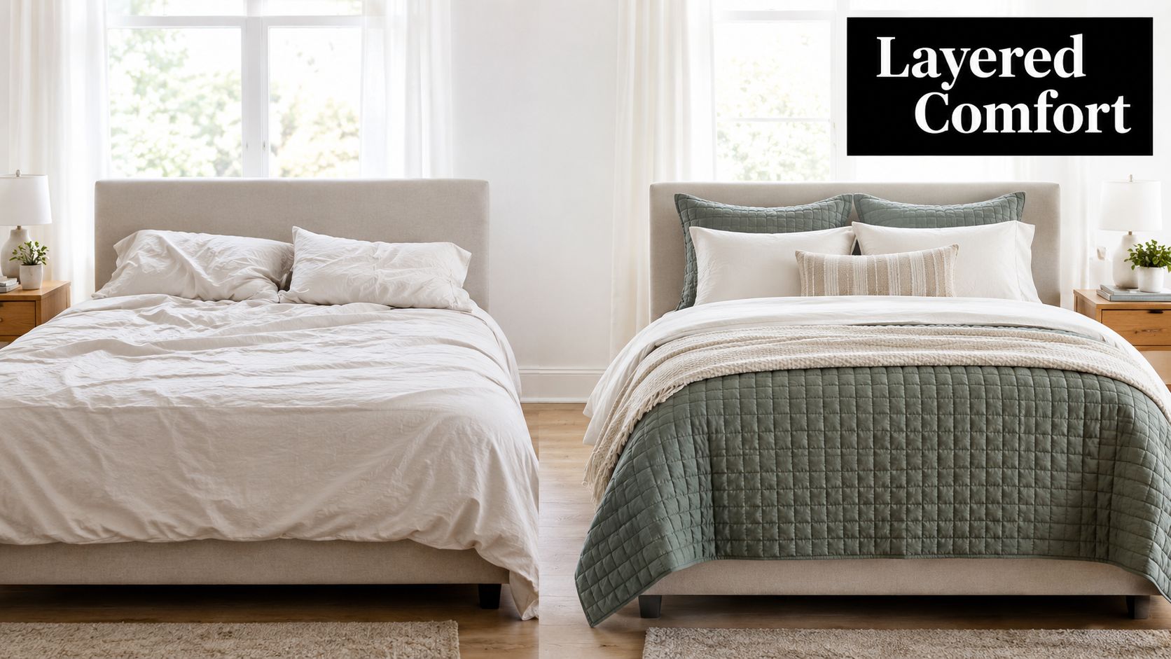 A side-by-side comparison of a bed styled with simple linen versus one styled with layered quilts.