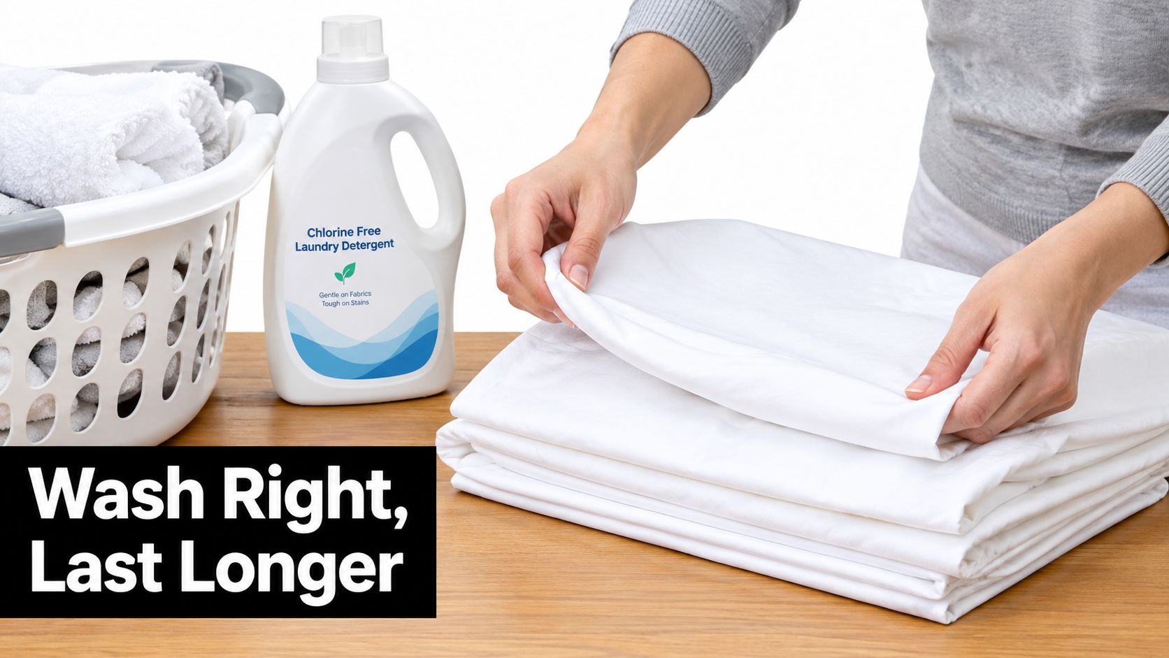 A person folding clean white hotel style sheets next to a basket and laundry detergent on wood.