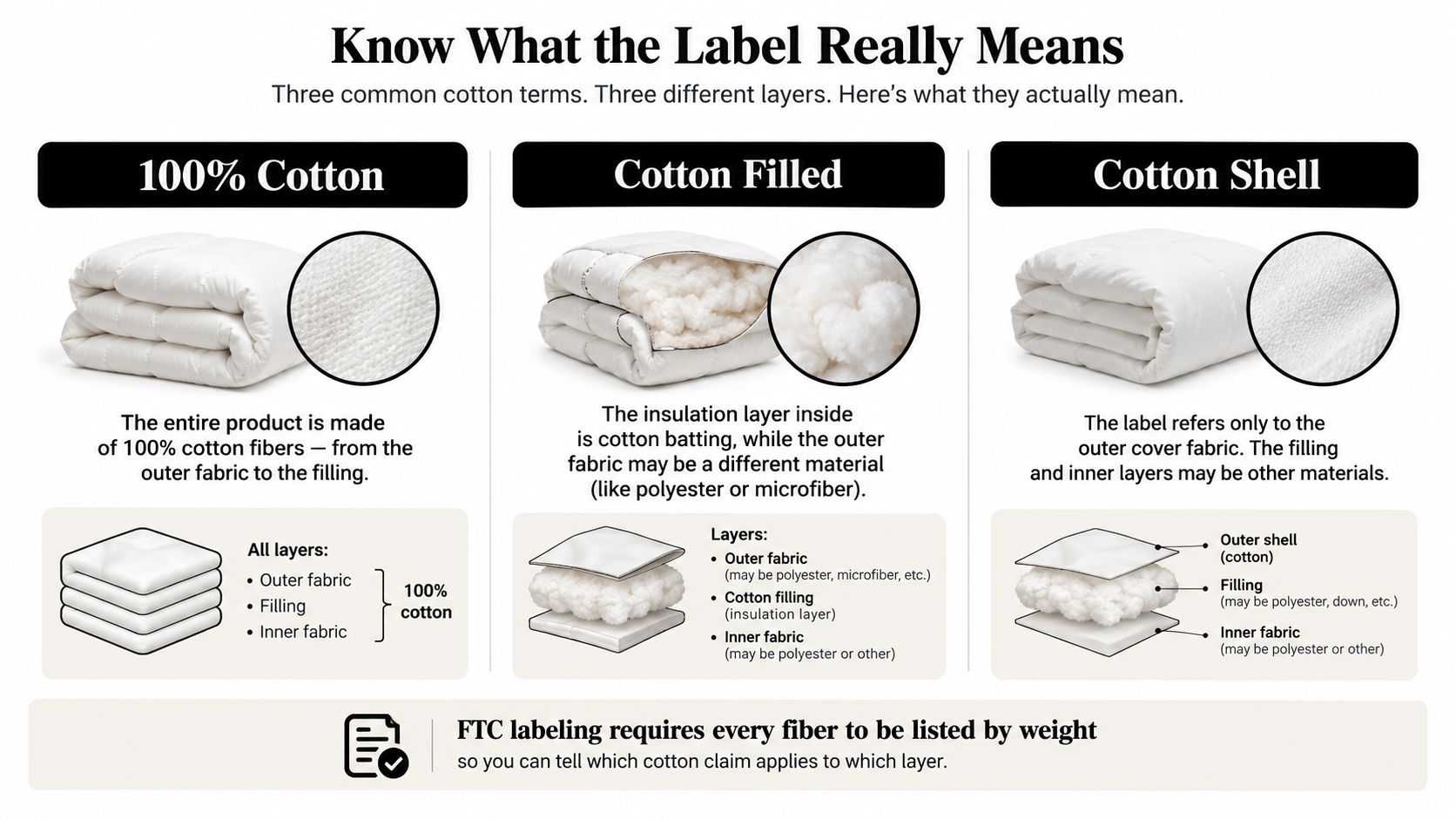 An infographic explaining the differences between 100% cotton, cotton filled, and cotton shell bedding materials.