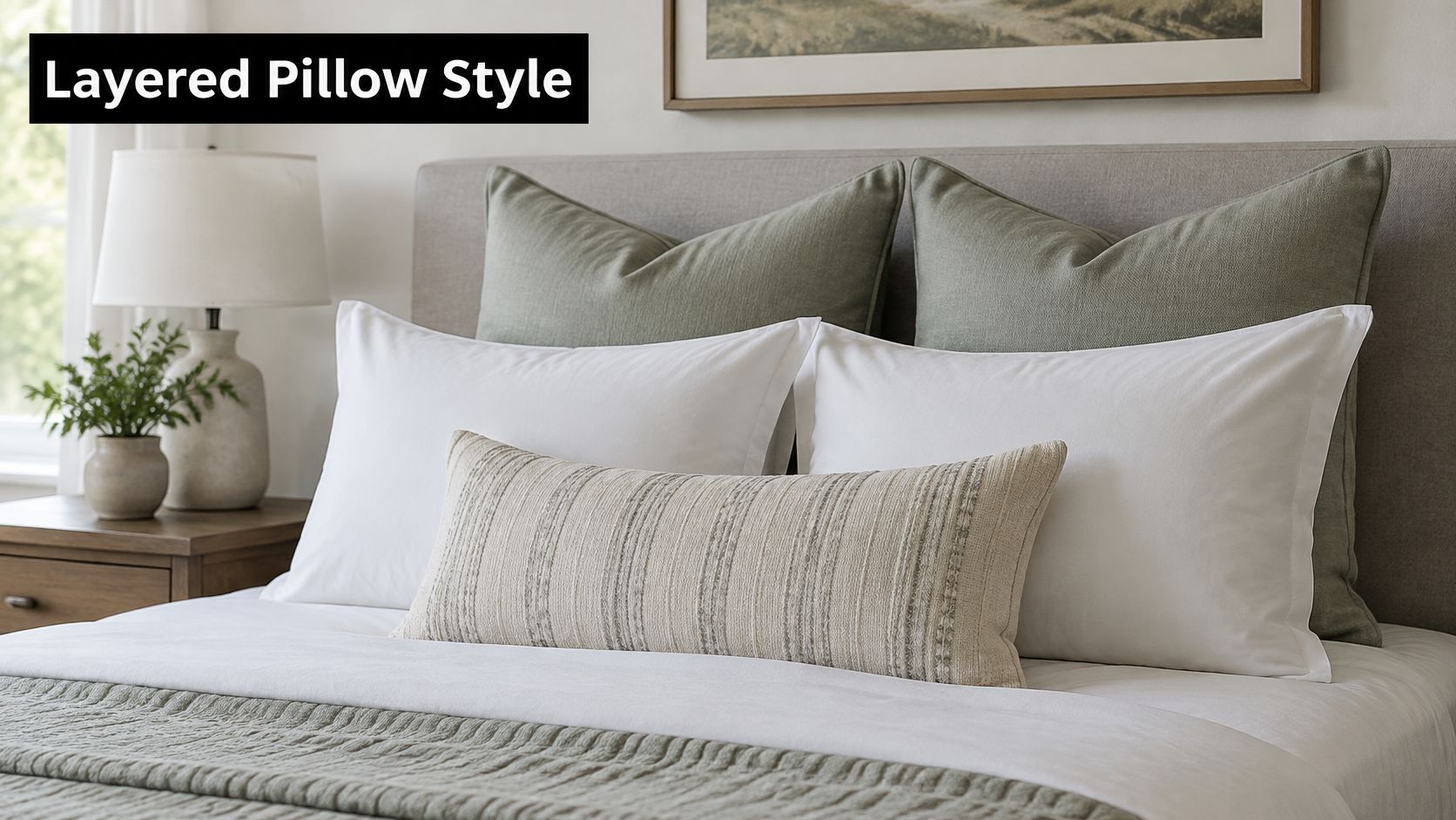 A neatly made bed featuring a layered pillow style with sage green, white, and neutral textured accent pillows.
