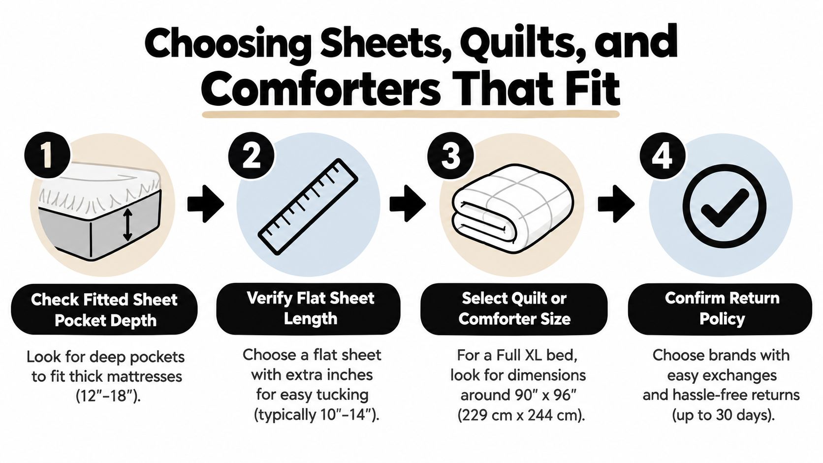A four-step infographic guide explaining how to choose properly sized fitted sheets, flat sheets, and comforters for beds.