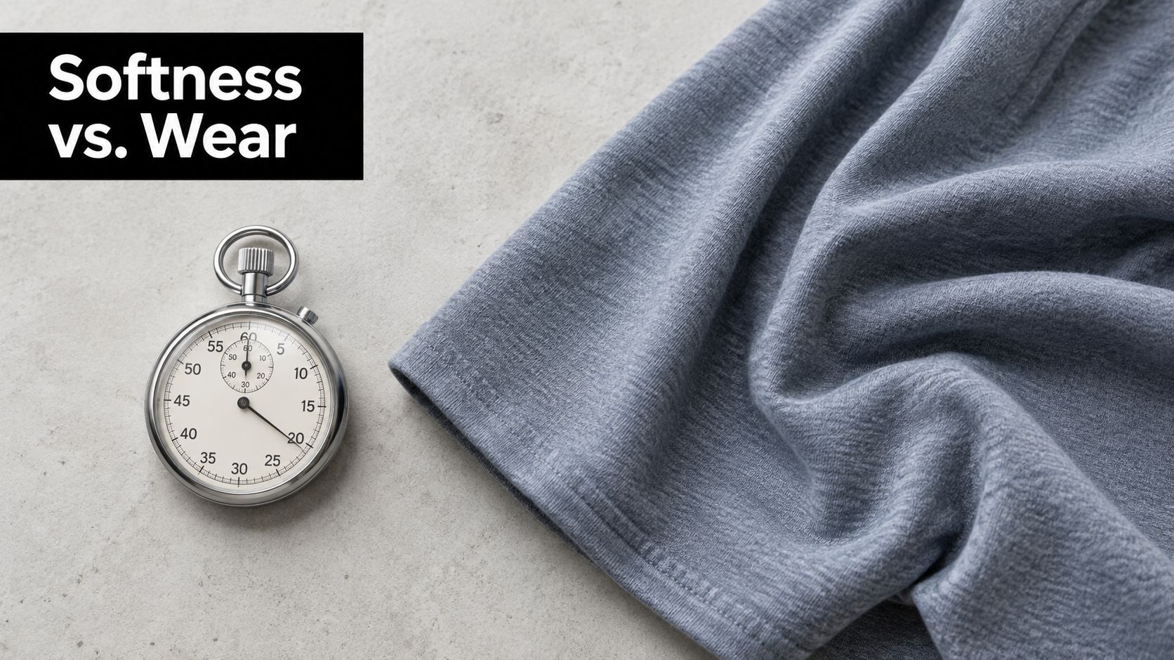A silver stopwatch positioned next to folded soft gray jersey fabric on a textured surface.