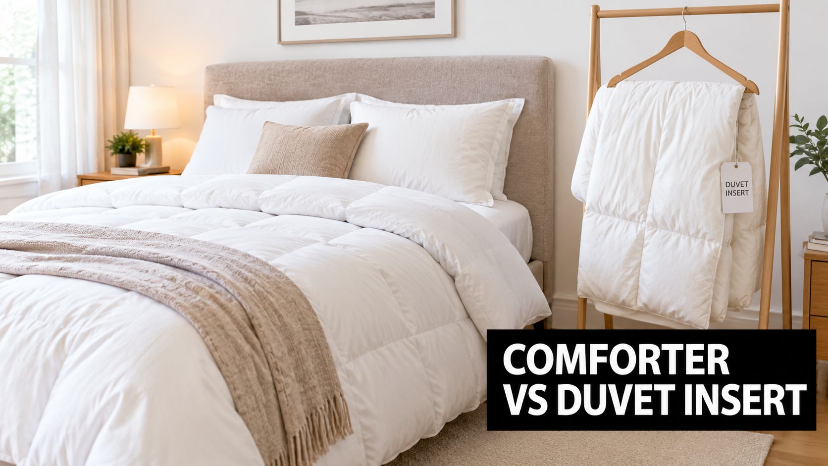 A cozy bedroom with a white bed and a duvet insert hanging on a wooden rack.