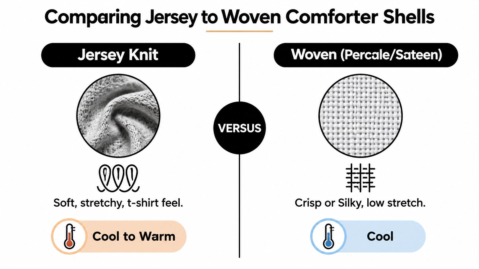 A comparison chart showing the differences between Jersey knit and Woven comforter shell fabrics and textures.