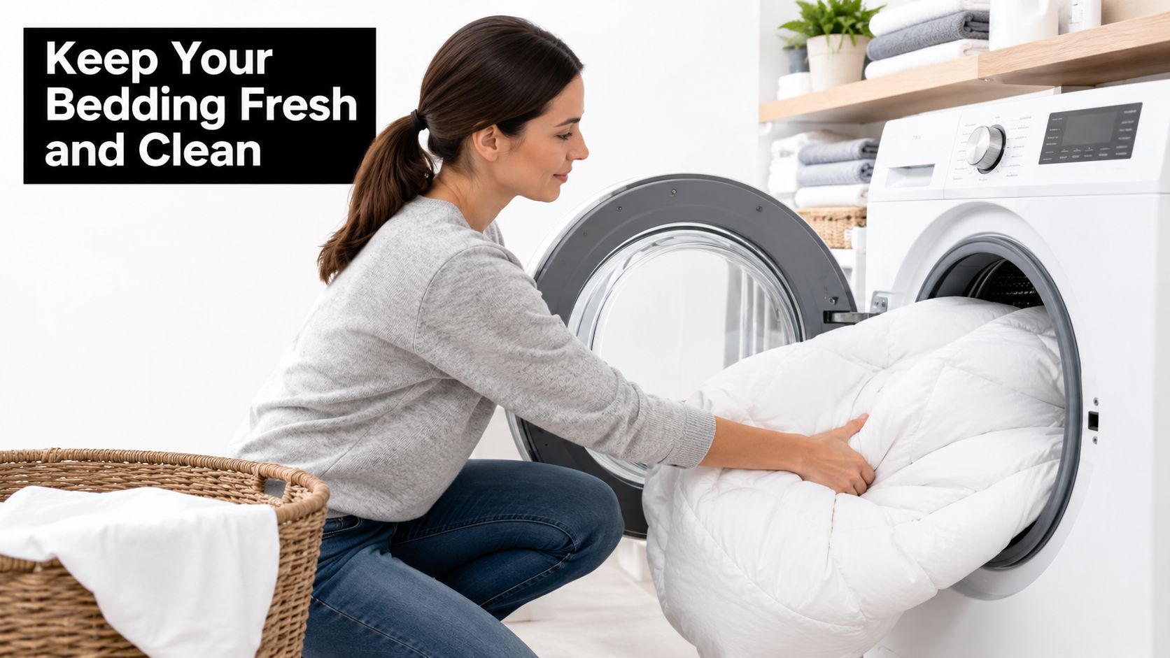 A woman kneeling to put a white fluffy down alternative comforter into a white washing machine.