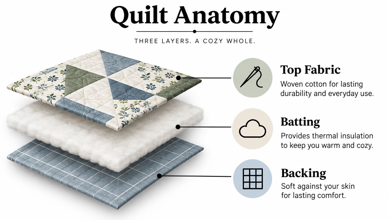 A diagram illustrating the three layers of a quilt: the decorative top fabric, the insulating batting, and the backing.