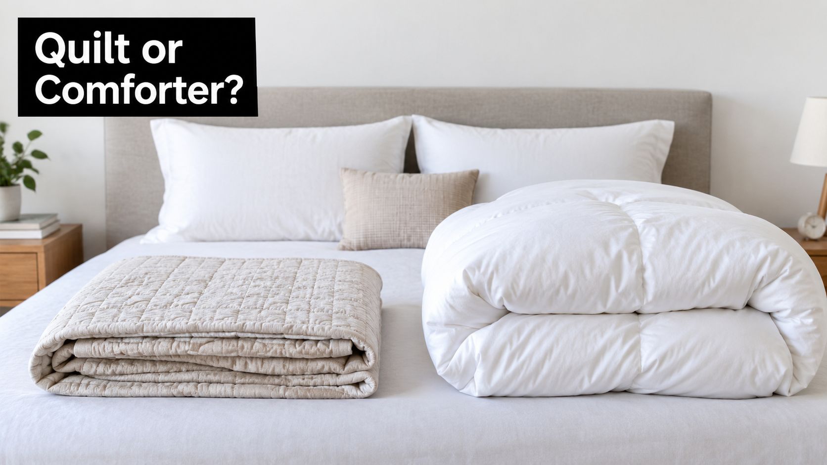 A beige quilted blanket and a fluffy white comforter neatly folded on a bed in a bedroom.
