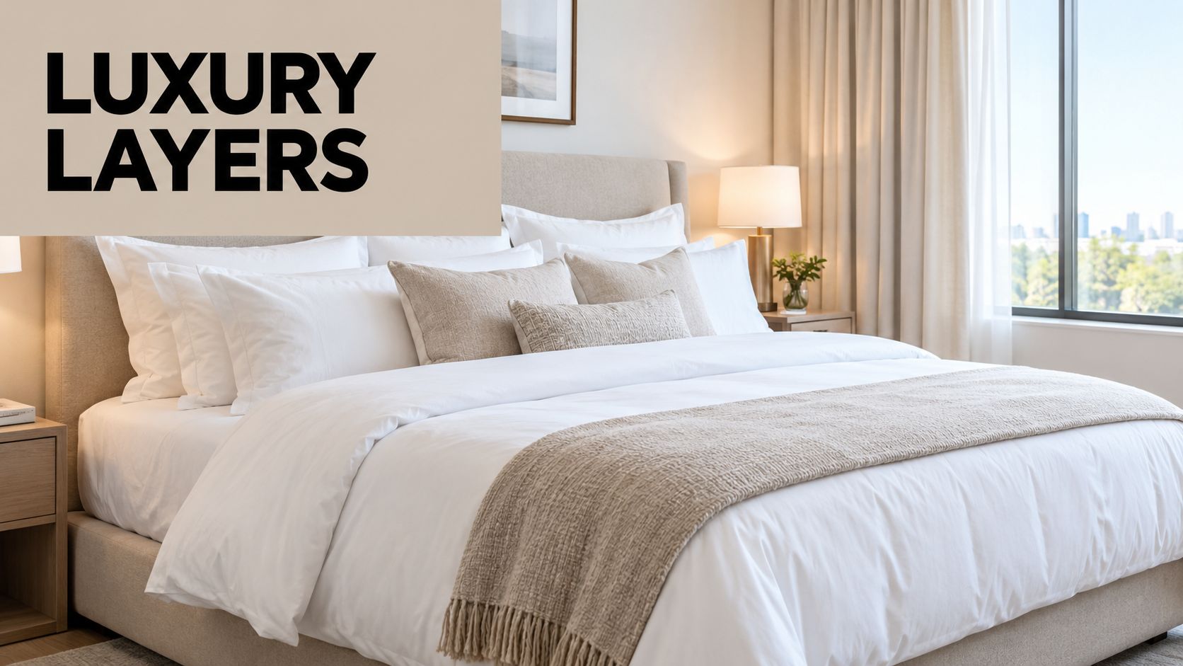 A luxurious bedroom featuring a neatly made bed with soft white linens and beige accent pillows.